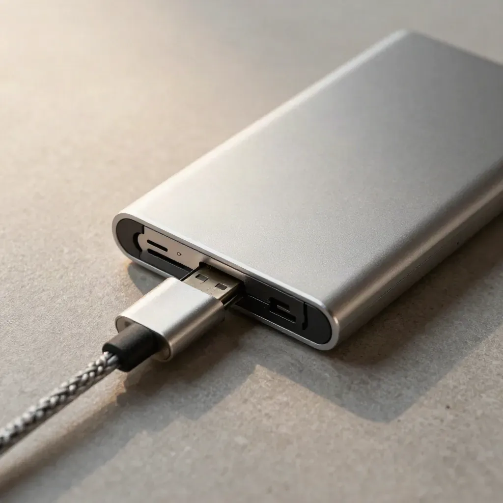 External SSD and braided USB-C cable in a tight top-down product macro on stone-grey.