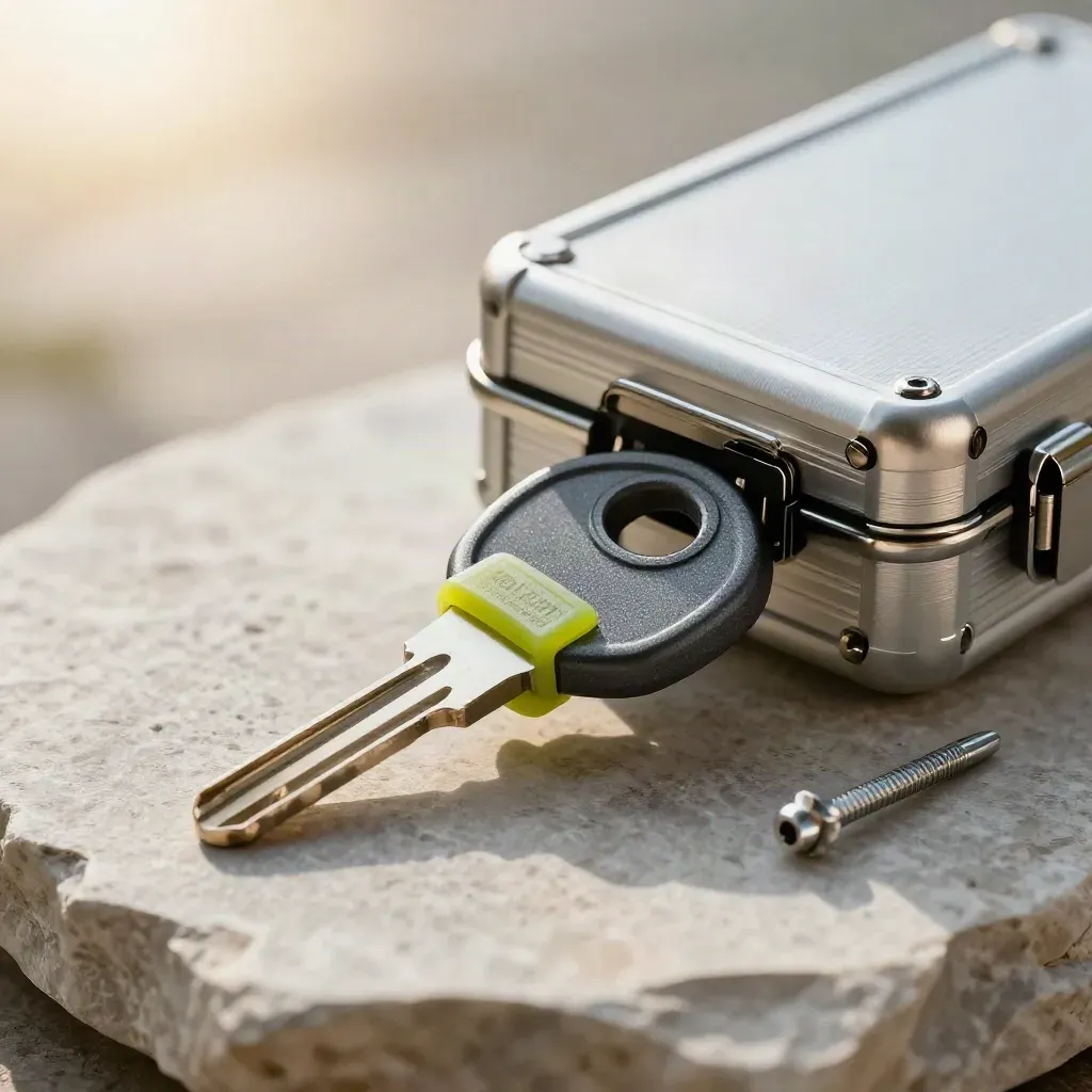 Macro of a security key beside a sealed drive caddy and tamper-evident seal on graphite stone.