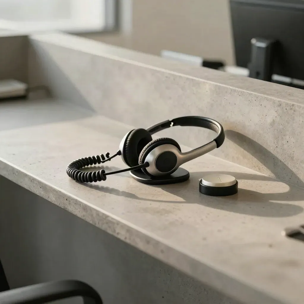 Headset, handset, and status puck on a concrete counter in soft daylight