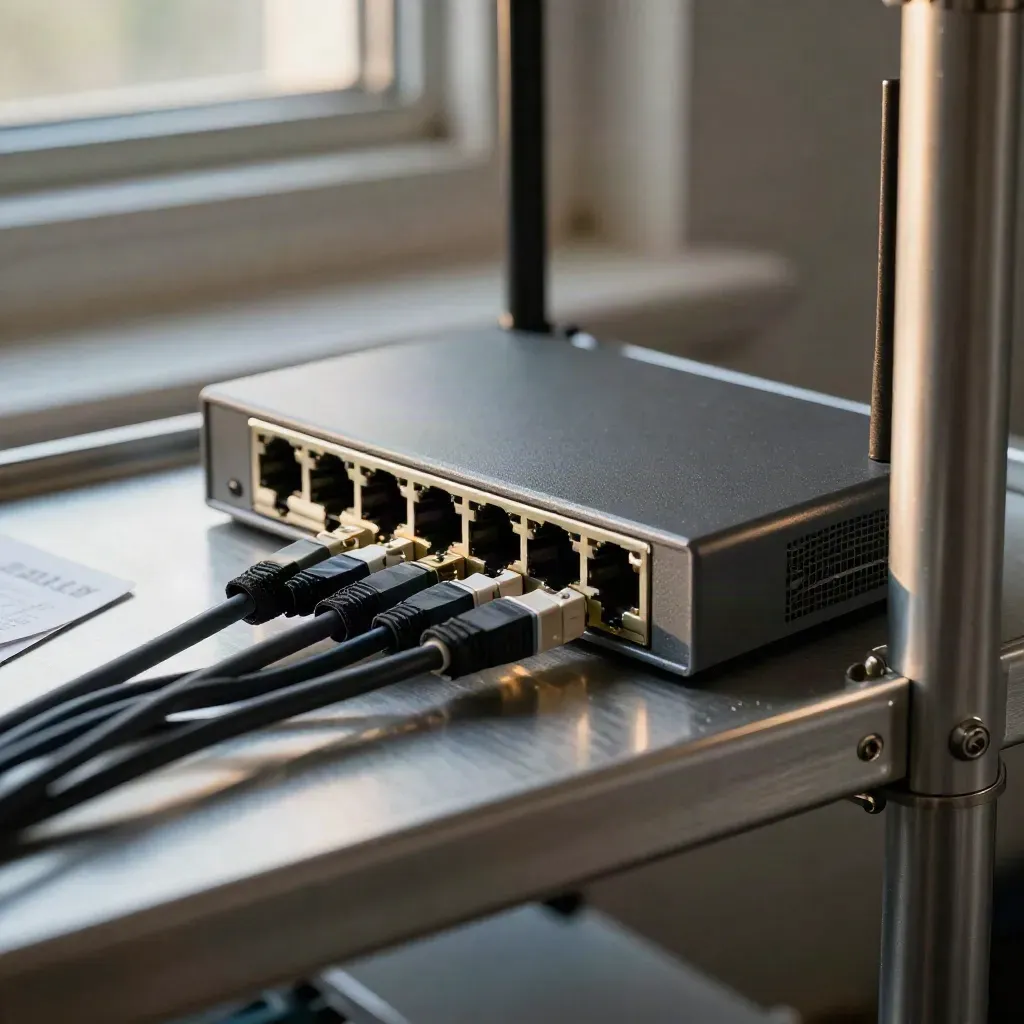 Router and network switch with coiled patch leads on a slate shelf in dramatic studio light.