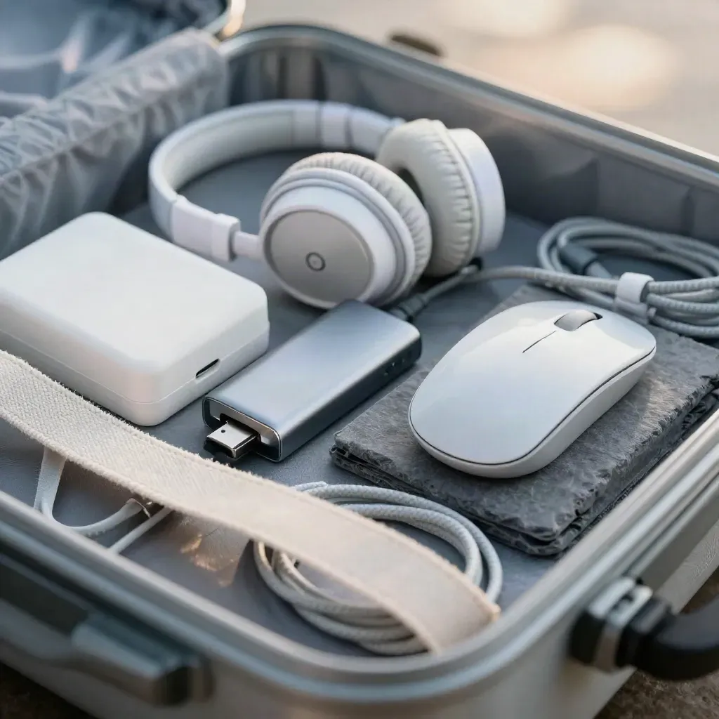 Macro still life of travel tech kit packed in a felt cube with strap foreground