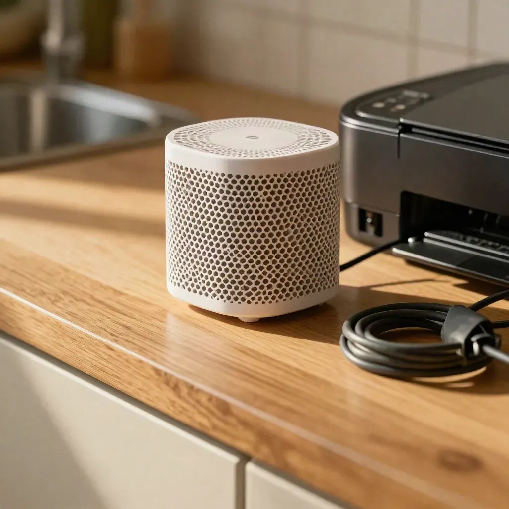 Mesh Wi‑Fi node, ink cartridge, and cable on a warm kitchen counter in soft daylight.