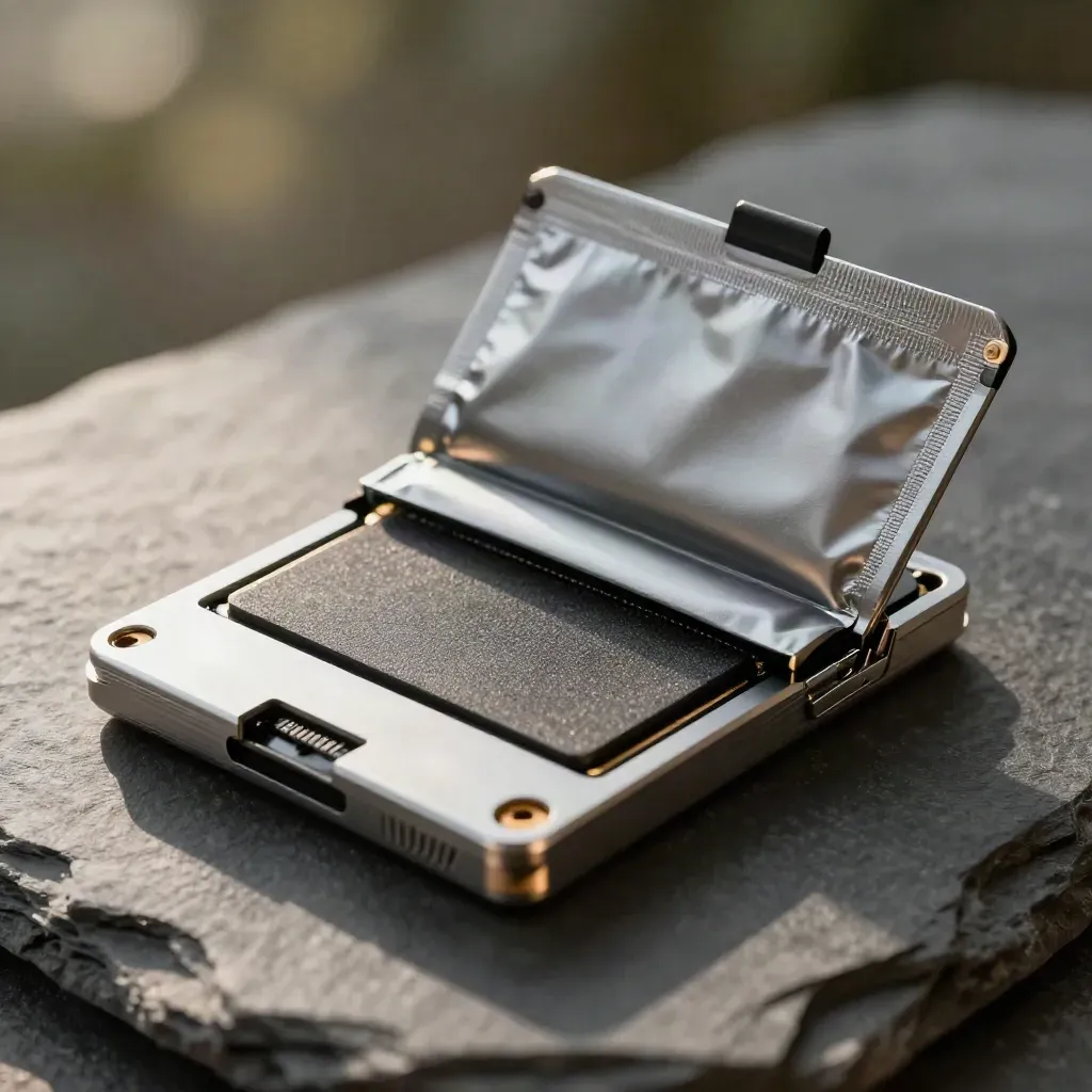 Encrypted SSD in a protective case beside a half-open anti-static pouch, top-down macro.