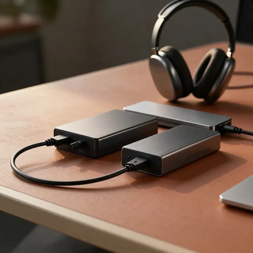 Power bricks, dock and headset on terracotta surface with cable coil foreground.