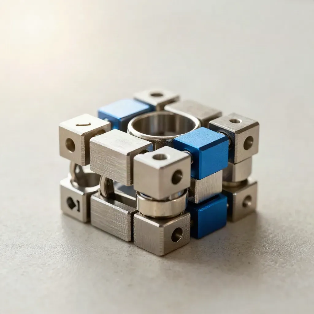 Macro still life of machined rings, cable clips, and aluminium blocks on pale stone.