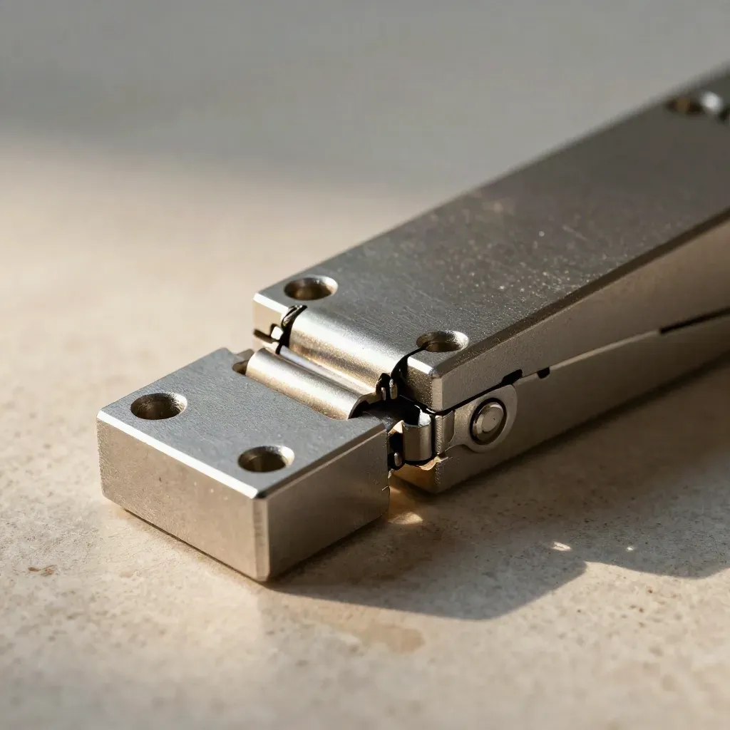 Matte steel modules and a hinge clip locked together on a neutral studio surface