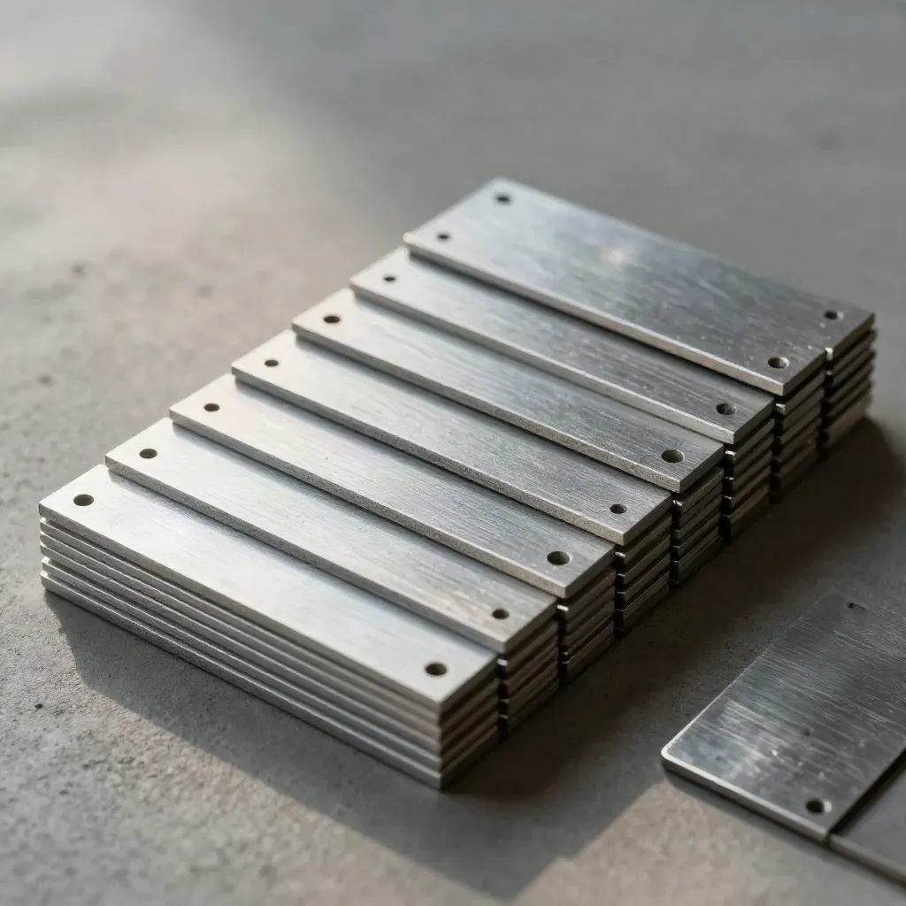 Macro of stacked aluminium tiles, alignment pins, and a tiny clamp on matte grey stone.