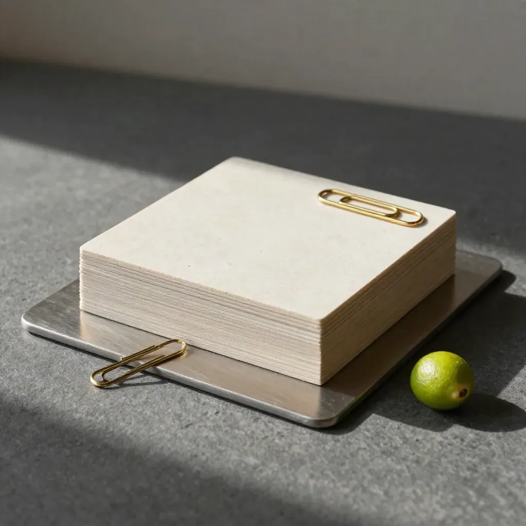 Pale stone cards, brass clip, and metal plate arranged in a refined workspace still life.