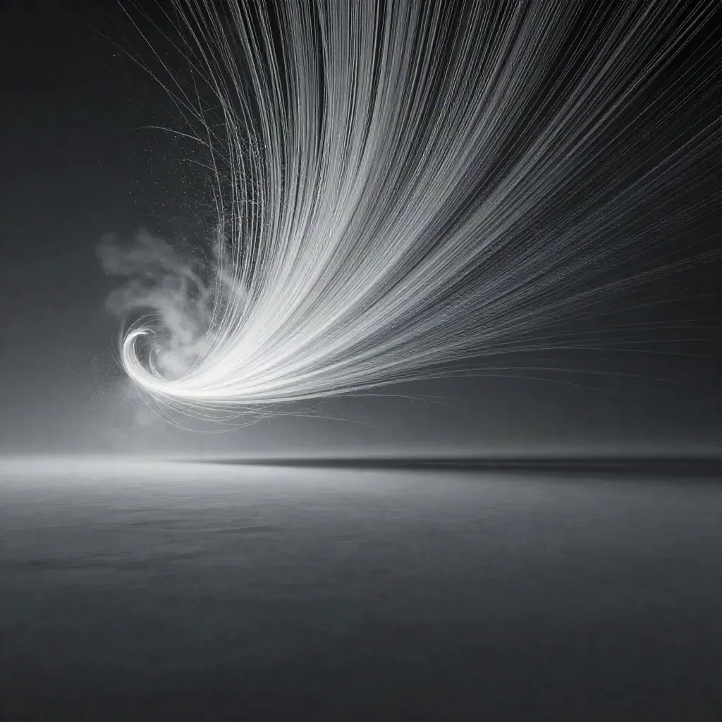 Silver filaments converge into a soft white bloom in dark graphite space.