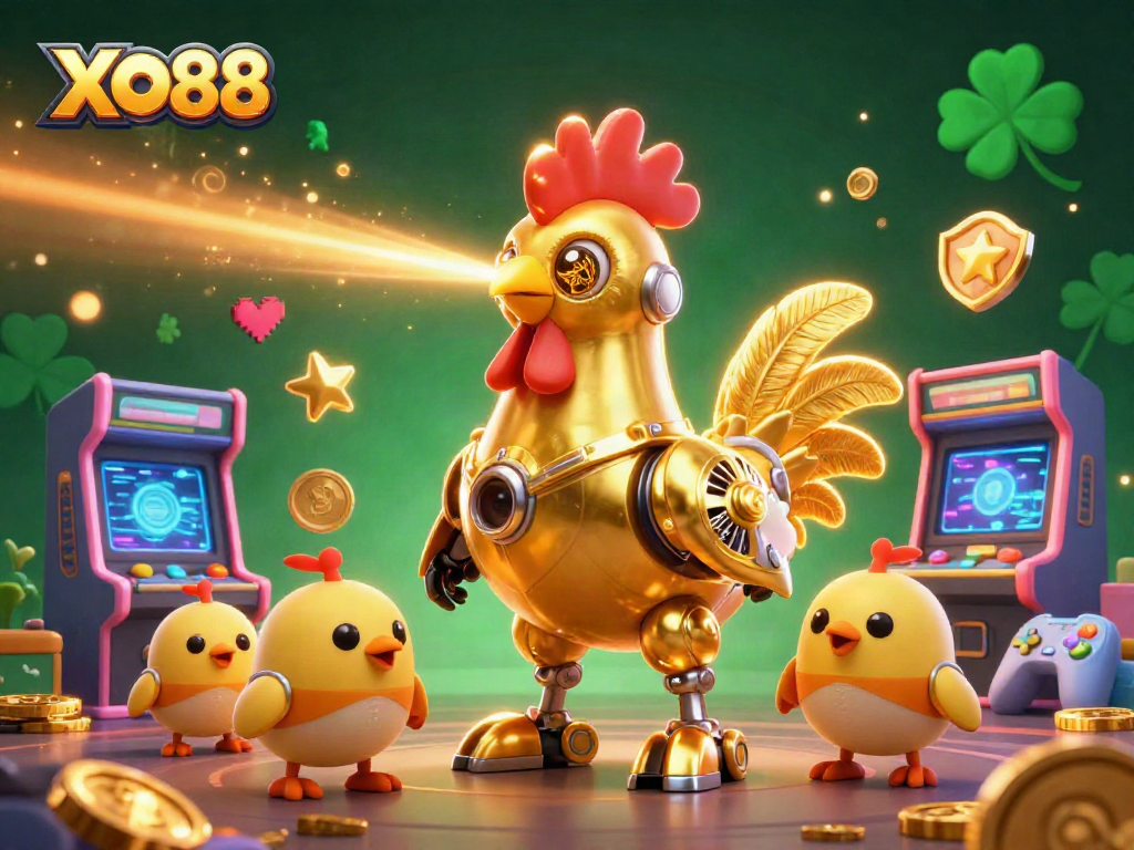 Experience the vibrant adventure of XO88 with a golden rooster robot and gaming elements in this dynamic casino illustration.