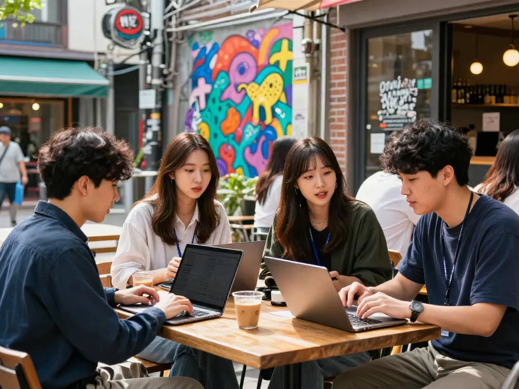 홍대오피의 젊은 고객들이 야외 카페에서 즐거운 시간을 보내는 모습