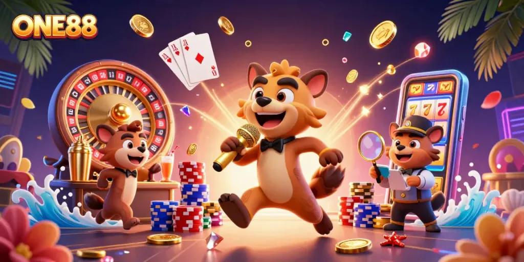 Interact with ONE88 at a vibrant casino scene, enjoying games and entertainment.