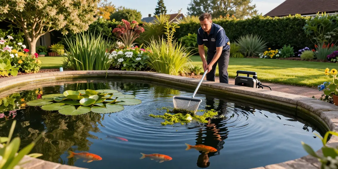 Professional Pond Cleaning Essex in action, showing a pond cleaner removing algae and maintaining the ecosystem.