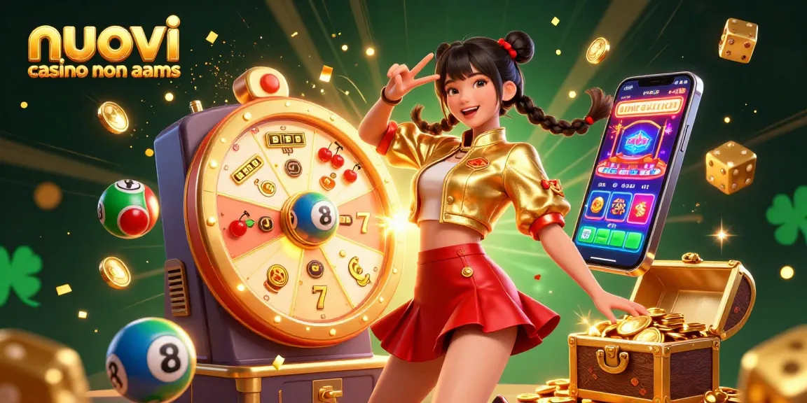 Illustrazione coinvolgente che mostra l'energia dei nuovi casino non aams, con una gioiosa donna asiatica e vivaci elementi di gioco.