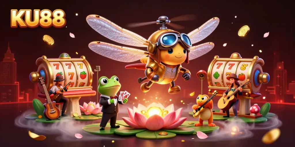 Experience thrilling wins with KU88's vibrant casino scene featuring dragonfly pilots and a frog dealer.