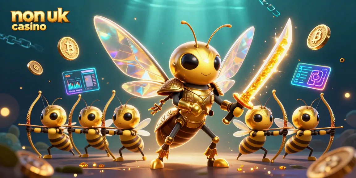 Engage in thrilling gameplay at a non UK casino with vibrant illustrations of gold-winged samurai and dynamic crypto elements.