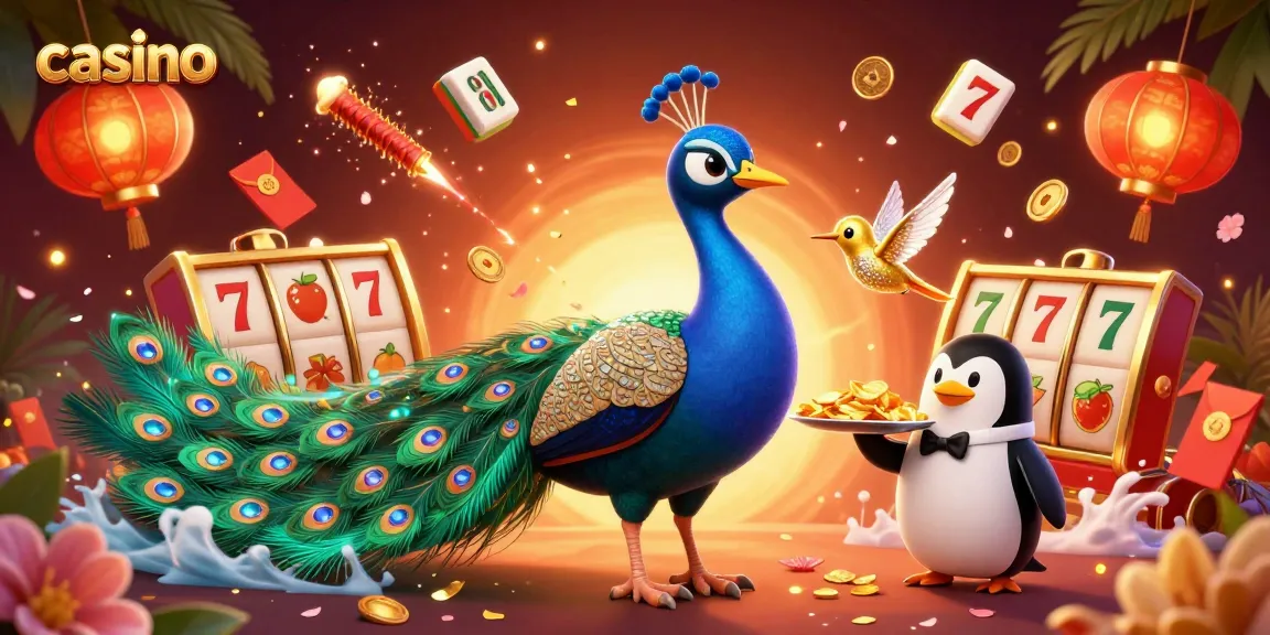 Engage in casino excitement with a colorful peacock and golden chips in this vibrant scene.
