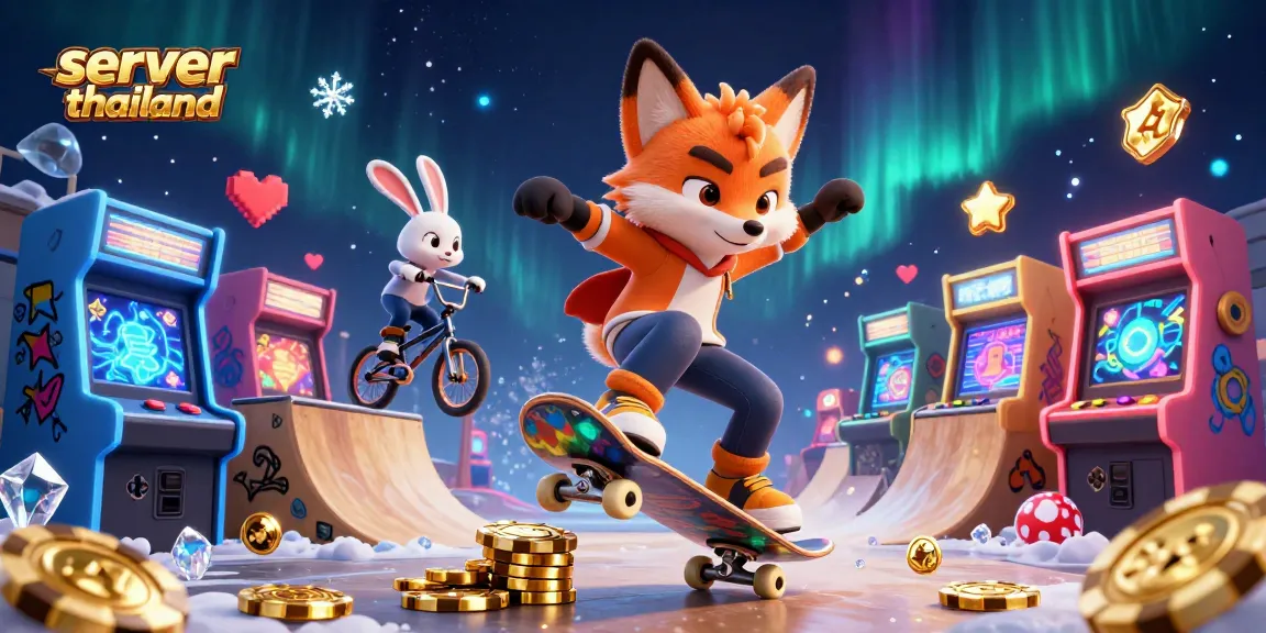 Experience thrilling gaming with server thailand featuring animated characters in a vibrant casino arcade.