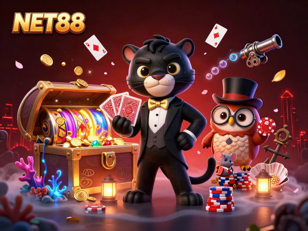 Experience the excitement of NET88 casino games with stylish characters and vibrant gaming elements.