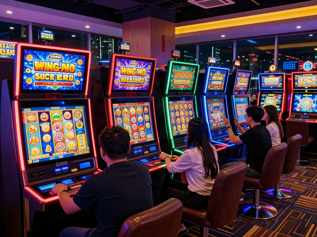 Exciting gaming lounge with players at slot machines celebrating wins, featuring bro138 slot login link alternatif.