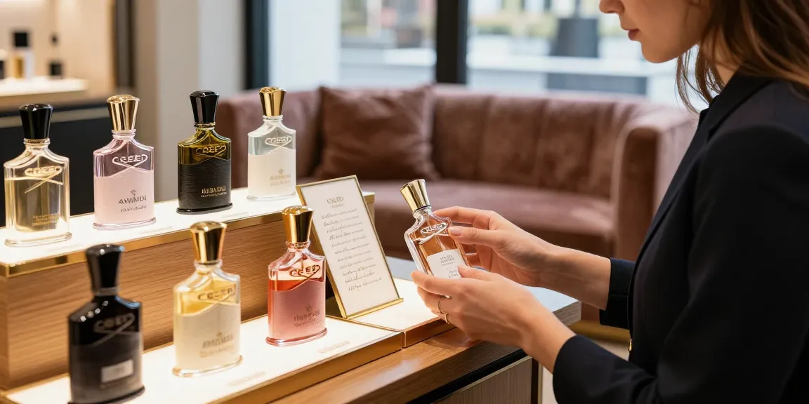 Creed (Aventus only) fragrance bottles elegantly displayed in a luxury boutique.