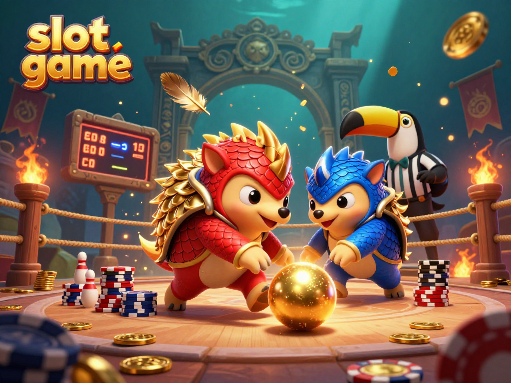 Experience the excitement of a slot game featuring cartoon pangolins competing amidst vibrant golden coins.