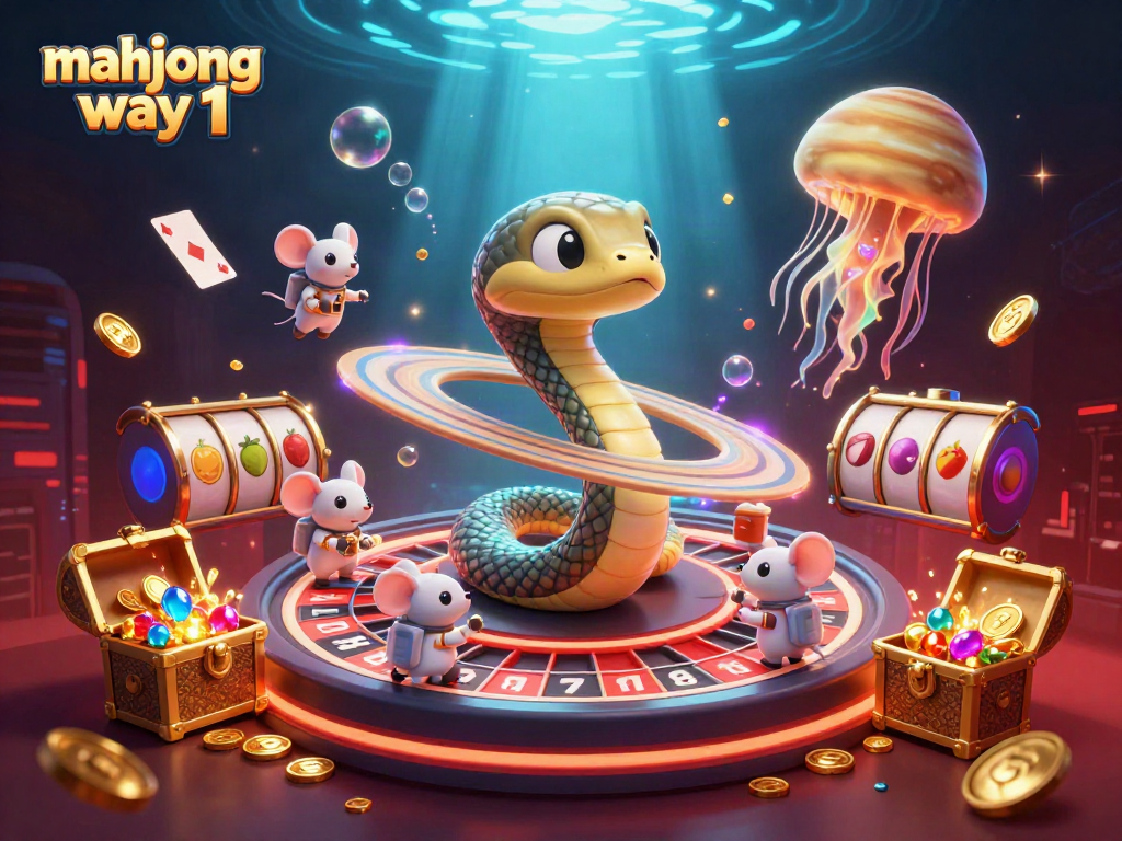 Bet on the mahjong way 1 with astronaut mice and a cosmic dealer in an interactive casino setting.