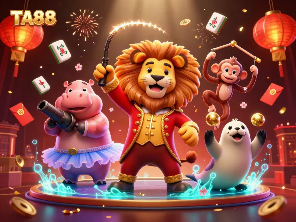 TA88 casino scene featuring a dynamic circus theme with games like mahjong and lucky coins.