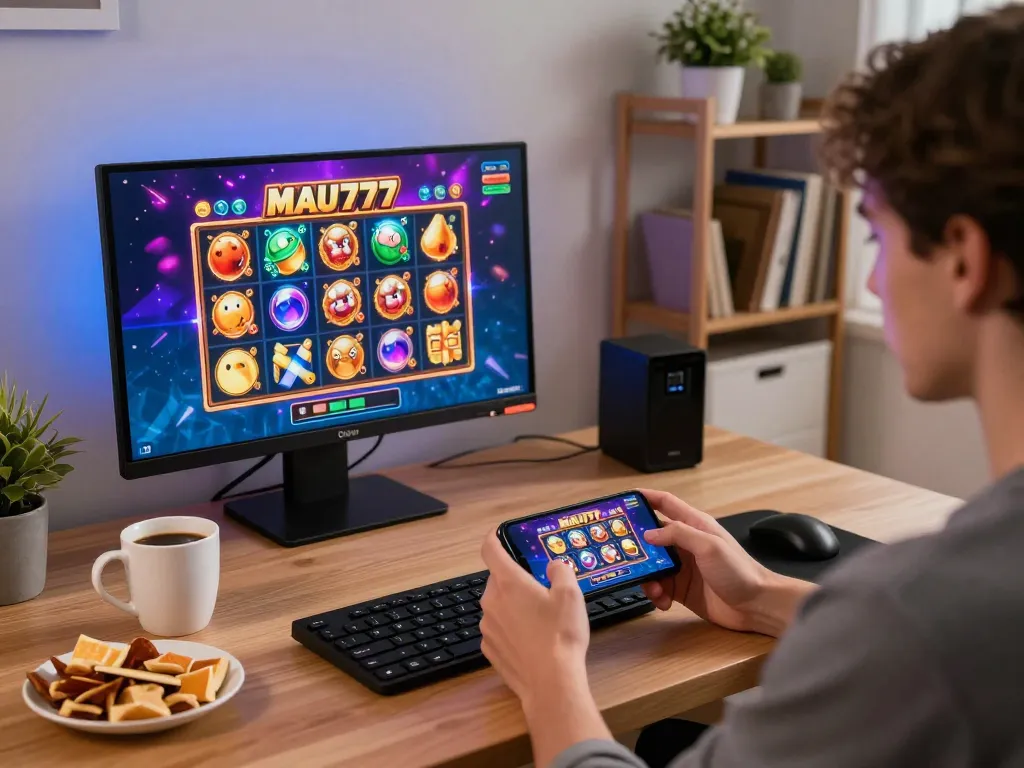 Play thrilling MAU777 slots on a smartphone in a cozy home gaming setup.