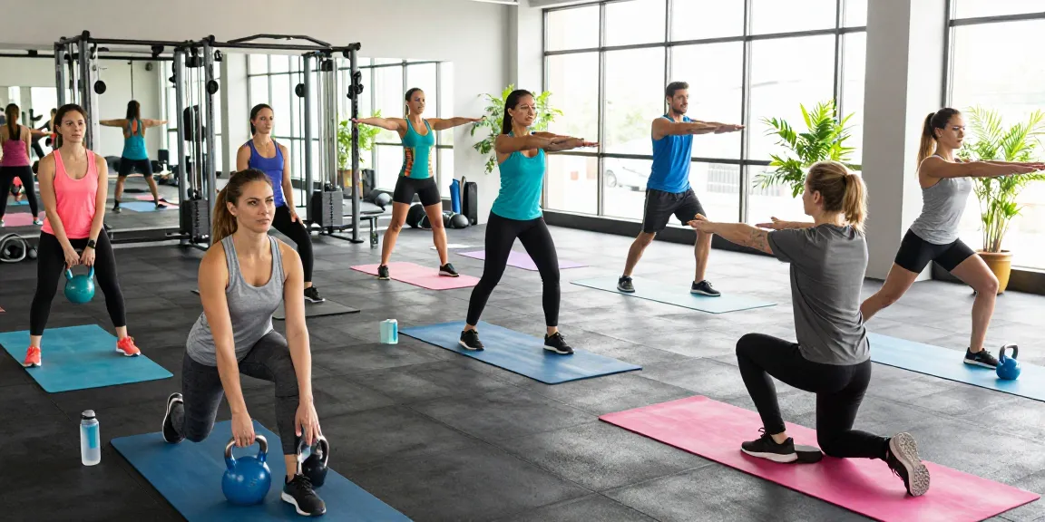 Unique Pharma Steroid Shop features an energetic fitness class at a modern gym.