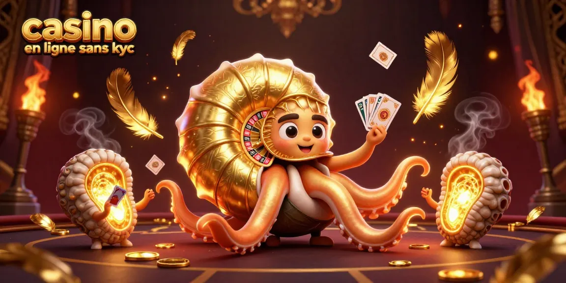 Jouez sur casino en ligne sans KYC avec un nautilus géant tenant des cartes et entouré de lumière dorée.