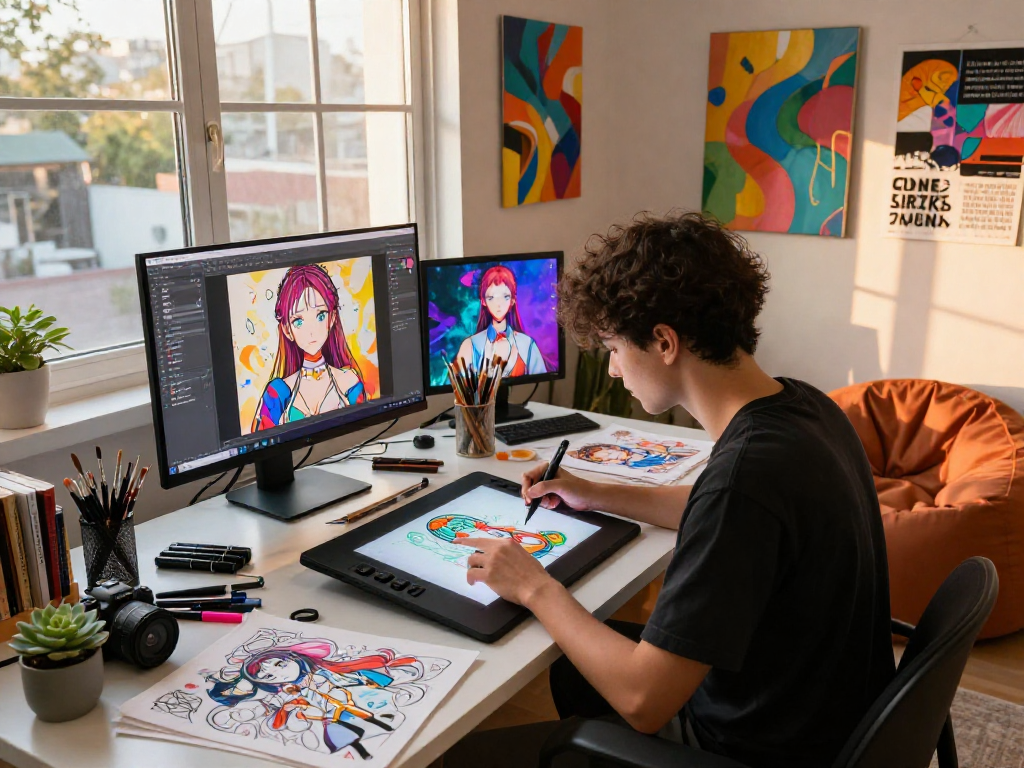 Dynamic artist creating hentai ai chat illustrations in a vibrant digital studio