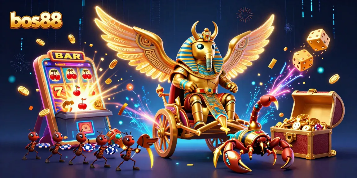 Permainan bos88 dengan ilustrasi scarab emas dan mesin slot yang menggelegar.