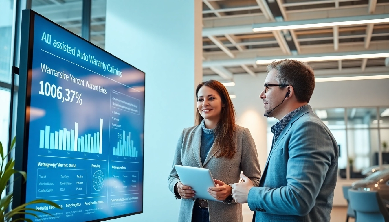 Engaging representative assists with AI assisted auto warranty claims in a modern office setting.