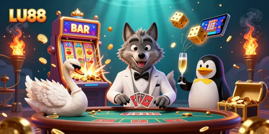 Experience thrills at LU88 with a vibrant 3D casino scene featuring a debonair wolf at a baccarat table.