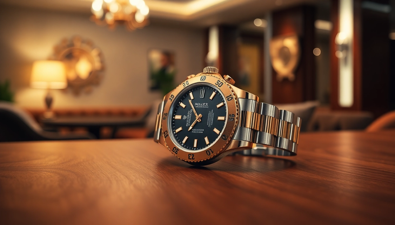 Showcasing a rolex replica on a luxurious table highlighting its intricate details.