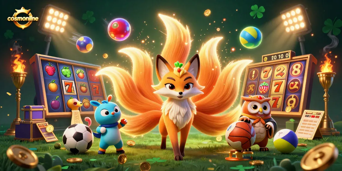 Experience immersive gaming with cosmonline's vibrant casino illustration featuring slots and sports elements.