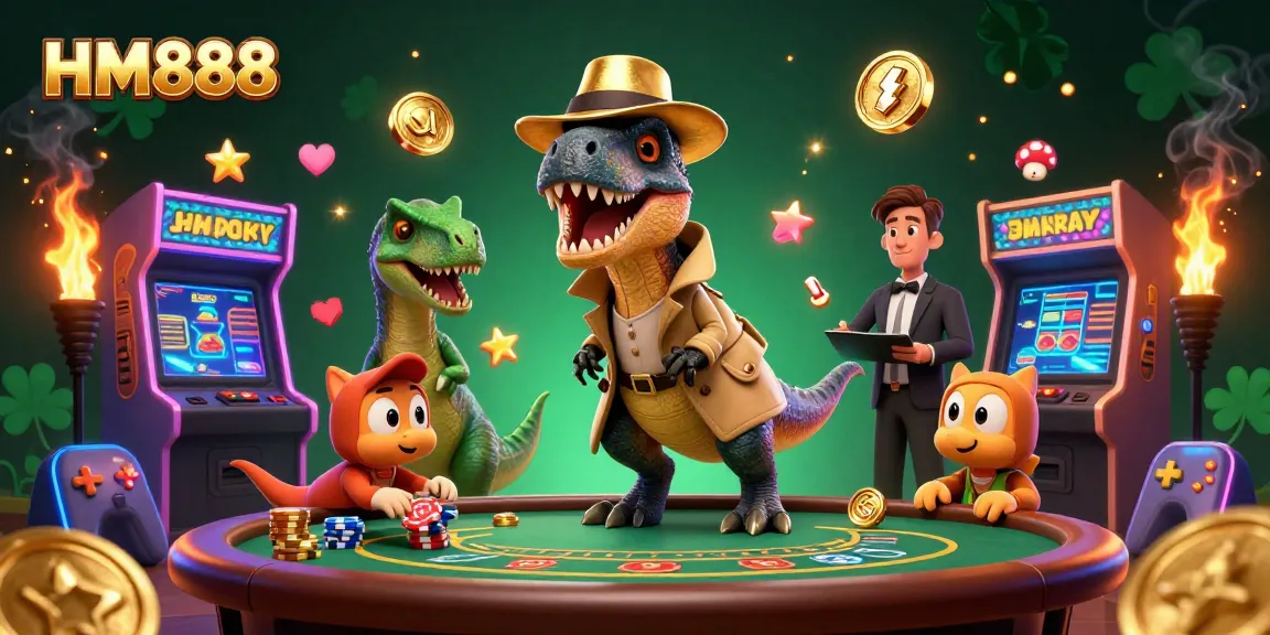 Experience the excitement of HM888 with a creative casino illustration depicting a velociraptor card counter, stegosaurus pit boss, and sneaky compy.