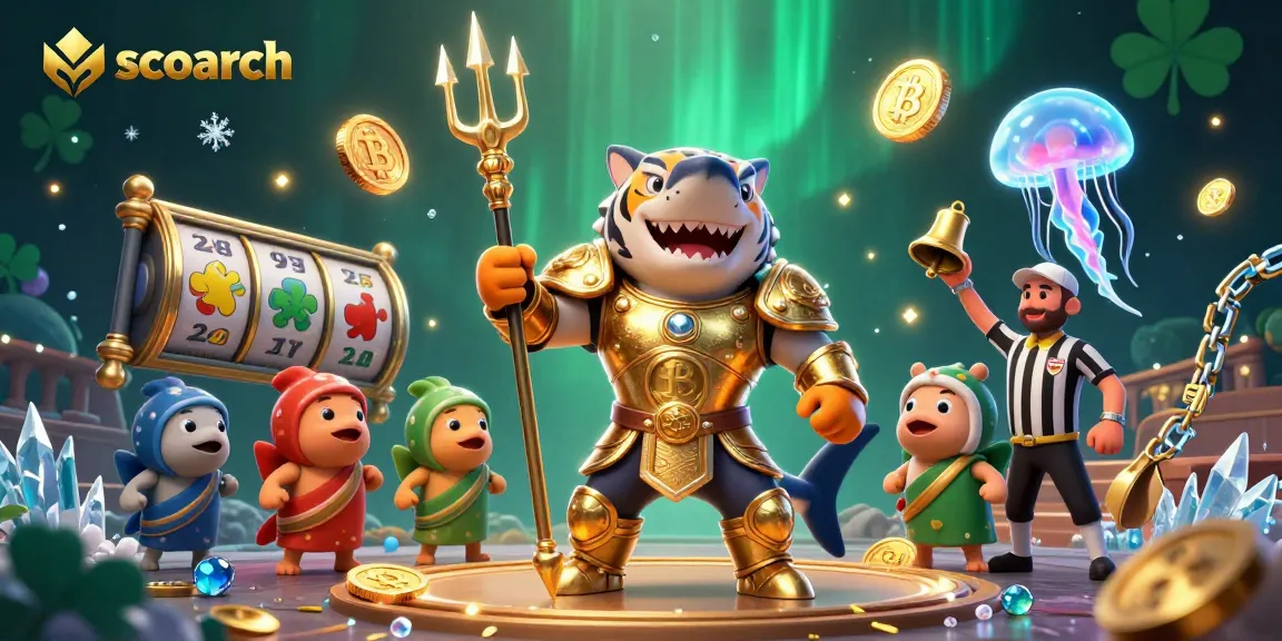 Engage with scoarch's exhilarating underwater casino scene featuring a warrior shark and vibrant slot games.
