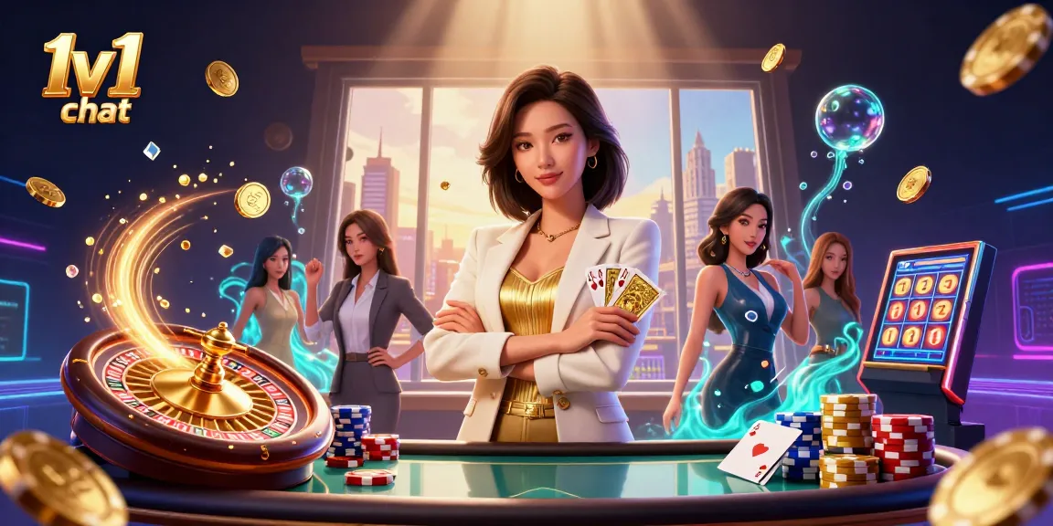 Experience engaging 1v1 chat with glamorous characters in a vibrant casino setup.