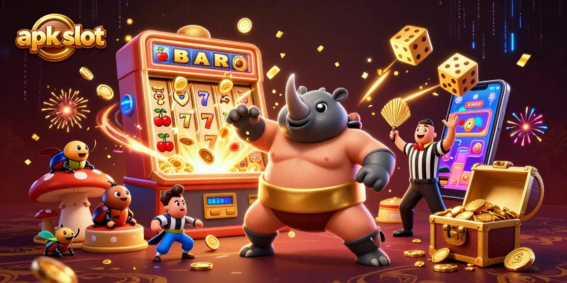Engage with apk slot as a cartoon rhinoceros beetle champion unleashes coins in a vibrant casino scene.