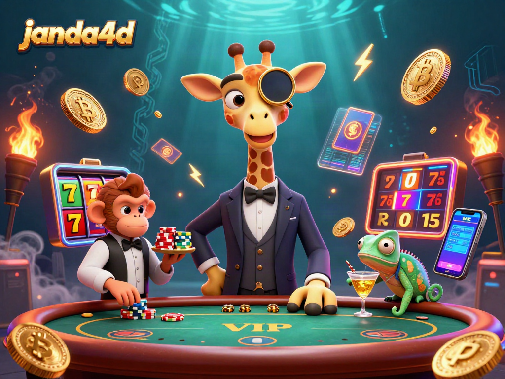 Meraih jackpot di janda4d dengan penggambaran karakter kasino kartun berwarna-warni.