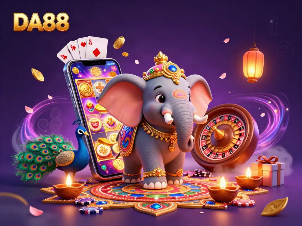 Experience excitement with DA88 in a vibrant 3D casino scene featuring an elephant and gaming elements