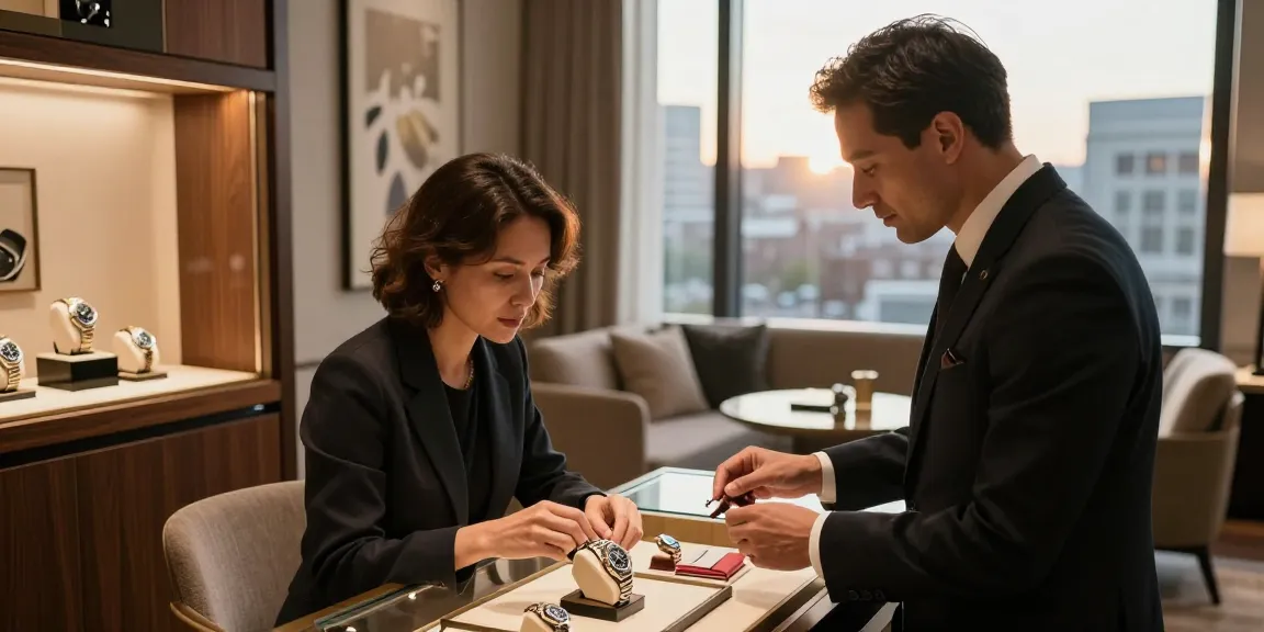 Customer examining a rolex replica in an upscale watch boutique, showcasing elegance and craftsmanship.