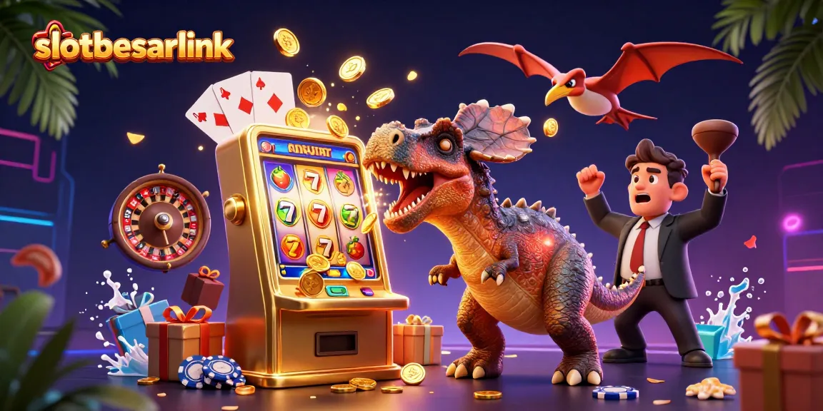 Watch the thrilling slotbesarlink as a pachycephalosaurus heads towards a golden slot machine, coins flying!