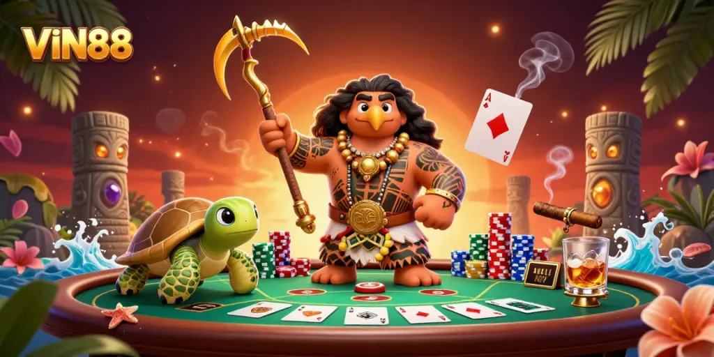 Experience thrilling gameplay in VIN88 with a vibrant poker scene featuring a demigod and colorful chips.