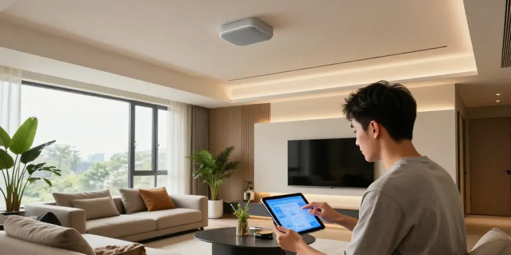 Stylish living room featuring a ceiling speaker and smart audio system integration.