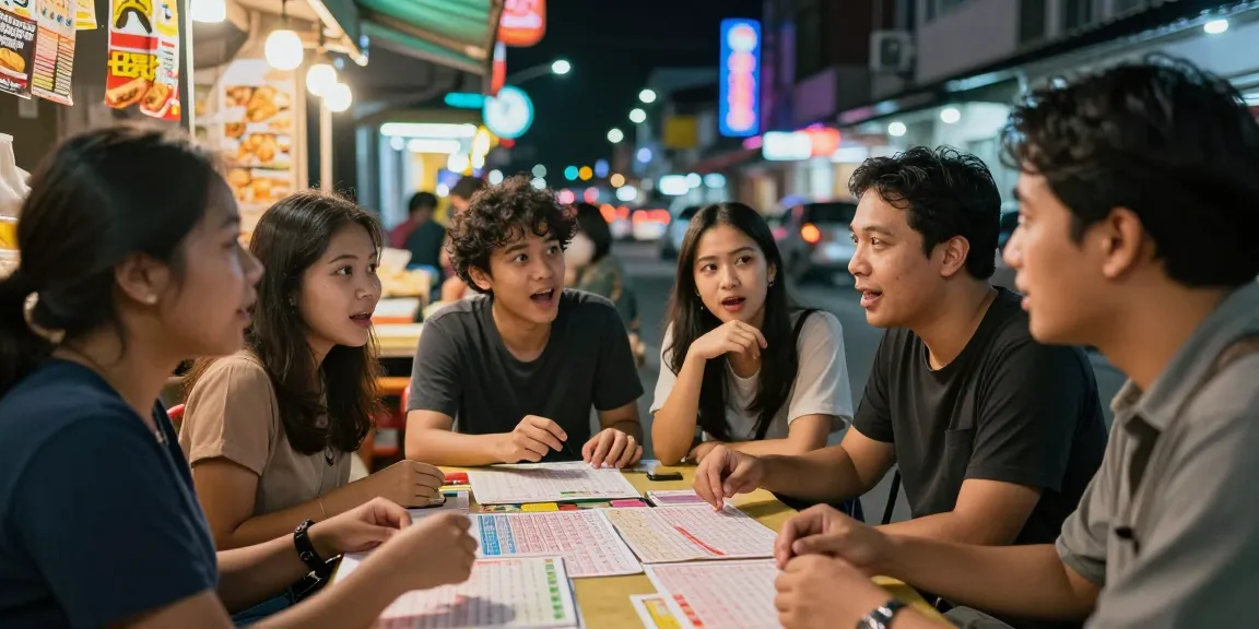Analisis angka untung togel dengan teman di malam hari, suasana penuh semangat dan warna.
