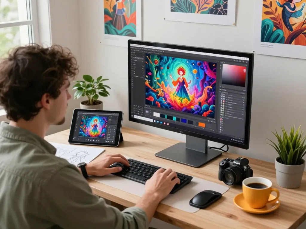 Digital artist using Nano Banana 2 to create vibrant images in a modern workspace.