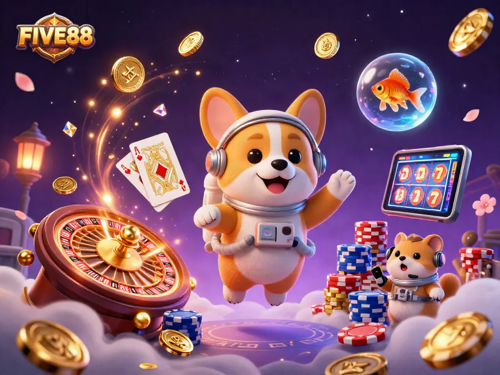 Engage in gambling excitement at FIVE88 with vibrant characters in a space-themed casino.